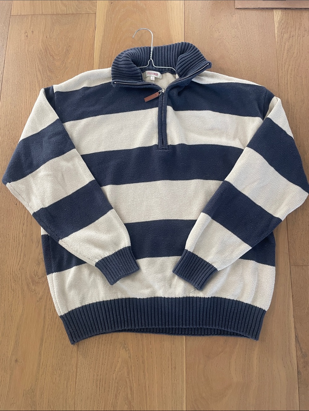 Stella Tweed Navy and Cream Striped Half-Zip Sweater